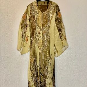 AUTHENTIC Lebanese Embroidered Sheer Kaftan Dress Gold Olive Maxi Tunic | M |